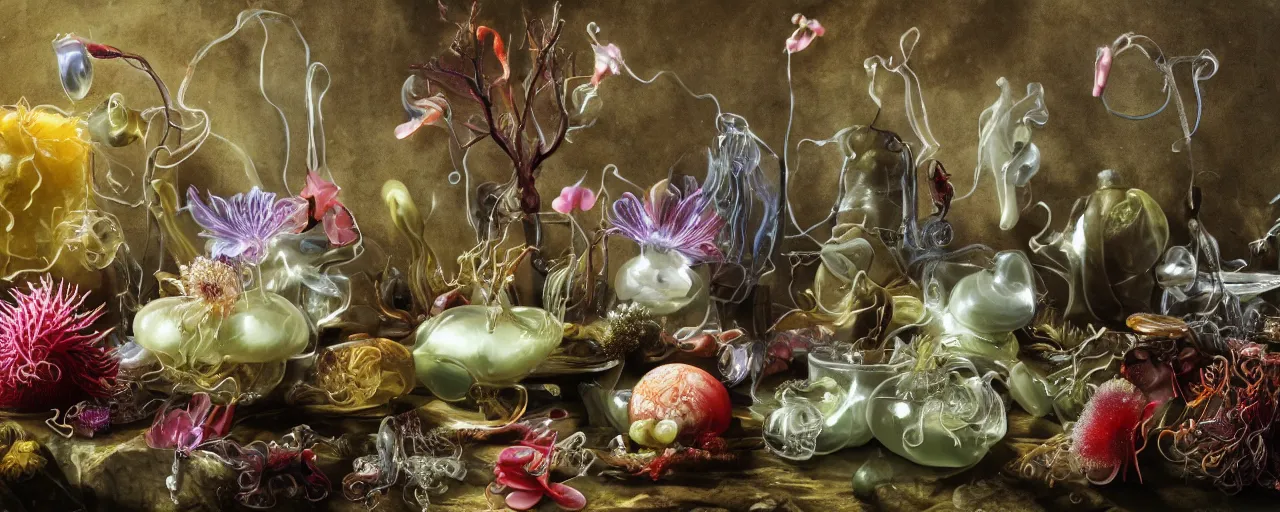 Prompt: ultradetailed photorealistic still life with jelly flowers by ernst haeckel, caravaggio, roger dean and andrei tarkovsky, slime and tentacles, wide angle, minimalistic cinematic composition, octane render, bokeh, unreal engine, 4k, 3d render