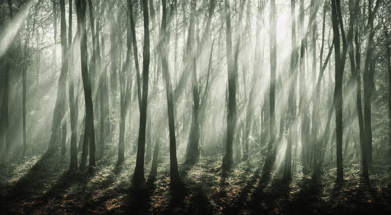 Prompt: forest mist sun beams mysterious scary deep dark hyper realistic detailed photography 3 5 mm helios 4 4 - 2