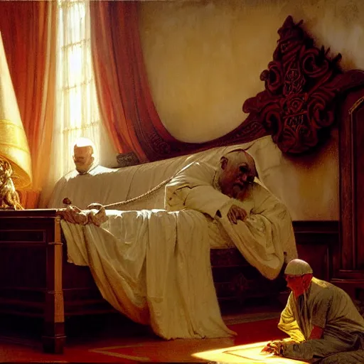 Image similar to the pope wakes up is his bed, sweating, nervous, terrified, because a double horned shadow demon lurks in the wall of the papal bedroom. highly detailed painting by gaston bussiere, j. c. leyendecker, greg rutkowski, craig mullins 8 k