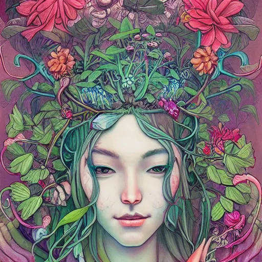 Image similar to goddess of plant medicine art by james jean and art by loish highly detailed painting trending on arstation vivid colors earth spirit