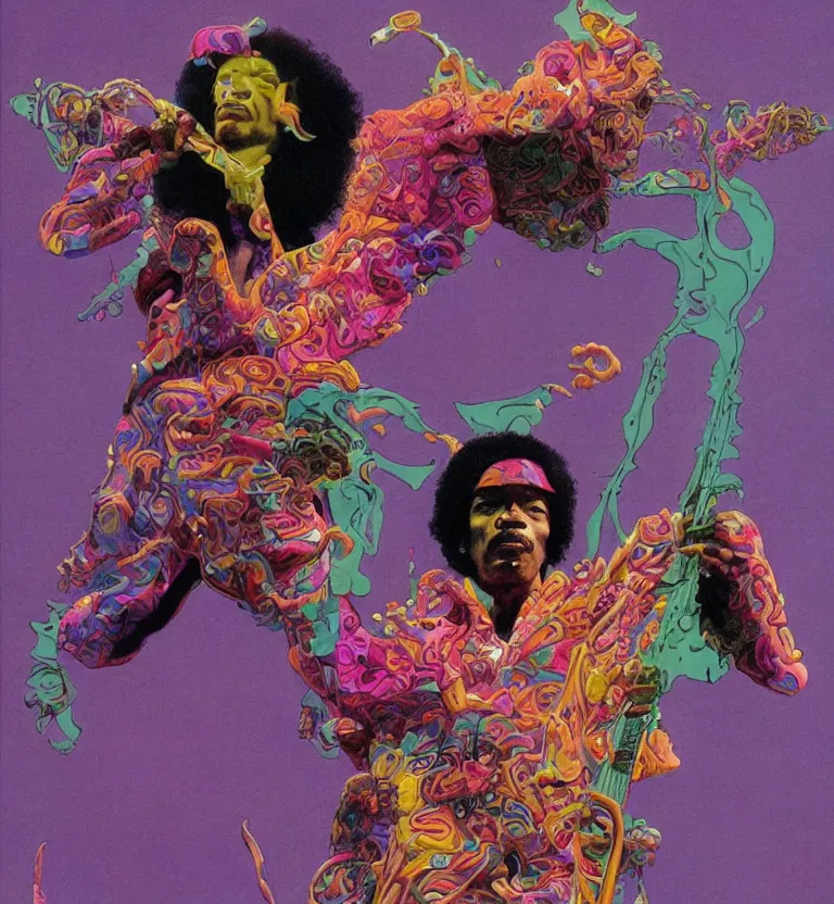 Image similar to jimi hendrix full body, colourful afrofuturist biomorphic scifi opart in background by moebius and roger dean, 8 k