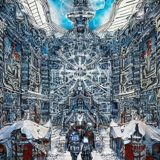 Prompt: the Winter palace of AI, made of ice and snow, style blend of Burning Man, Neo-Andean architecture, cyberpunk, and The Vatican, depicted in a mixed style of Möbius, Masamune Shirow, Rafael, neoclassical paintings, and Shepard Fairey, Extremely fine ink lineart
