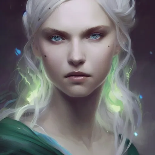 Image similar to portrait of a beautiful young woman with bright blue eyes, flowing white hair, dressed in a green, detailed face, fantasy, highly detailed, cinematic lighting, digital art painting by greg rutkowski, trending on artstation, very very beautiful, very attractive