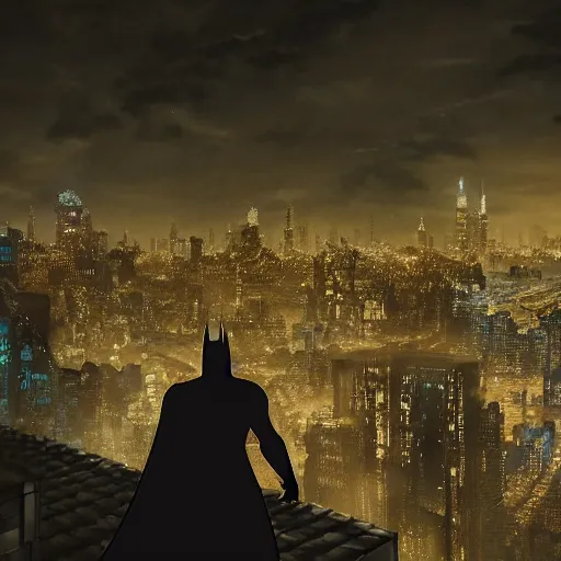 Image similar to Batman crouching on a rooftop with his back to us overlooking a dystopian cityscape at night, cyberpunk, highly detailed, 4k