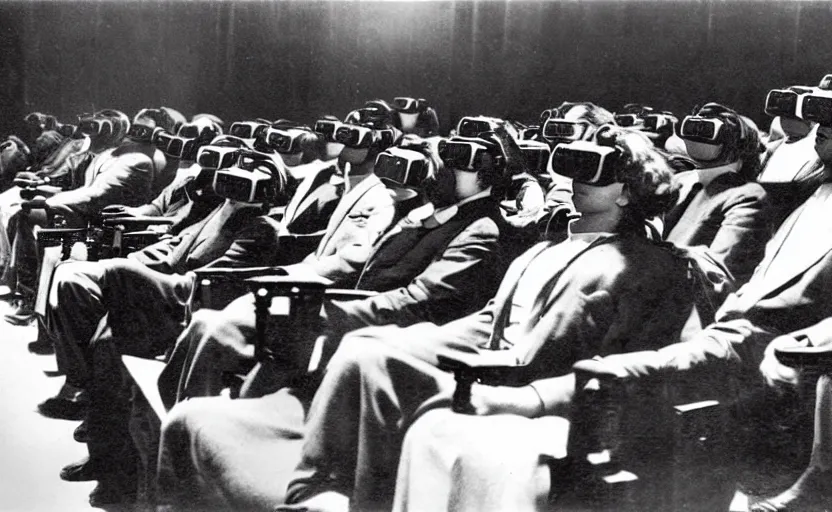 Image similar to 1 9 0 0 s photo of people wearing virtual reality headsets vr in a movie theater masterpiece