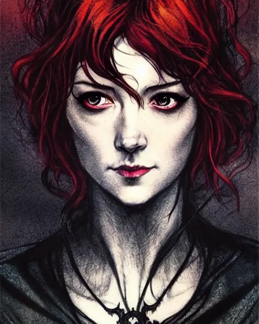 Prompt: style of arthur rackham, artgerm, rafael albuquerque, steve niles : : gorgeous mary elizabeth winstead : : evil sorceress, swirling black magic, black dress : : symmetrical face, symmetrical eyes : : full body pose : : gorgeous red hair : : cinematic lighting : :