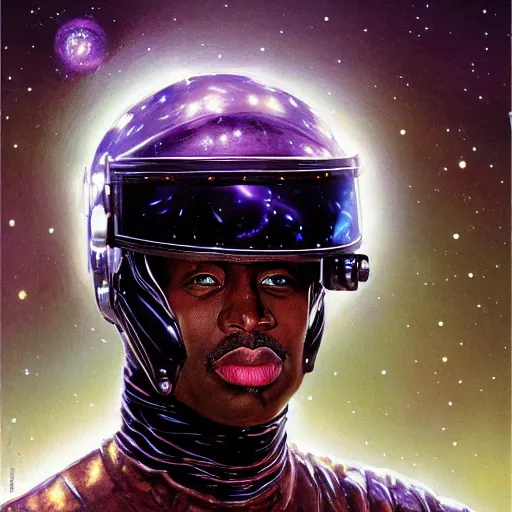 Image similar to photoreal had portrait of a powerful black man in scifi helmet, space nebula milky way background, by norman rockwell and boris vallejo, artstation, concept character art