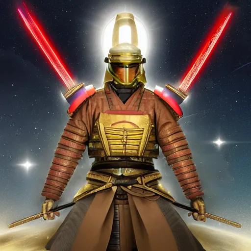 Image similar to a legendary samurai with a halo of light in another galaxy, epic, 4 k, 3 d