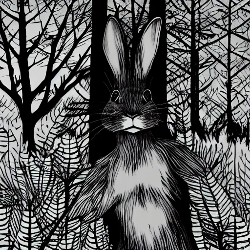 Image similar to a rabbit smoking a cigarette deep in the forest, striking pose, black and white illustration, creative design by junji ito