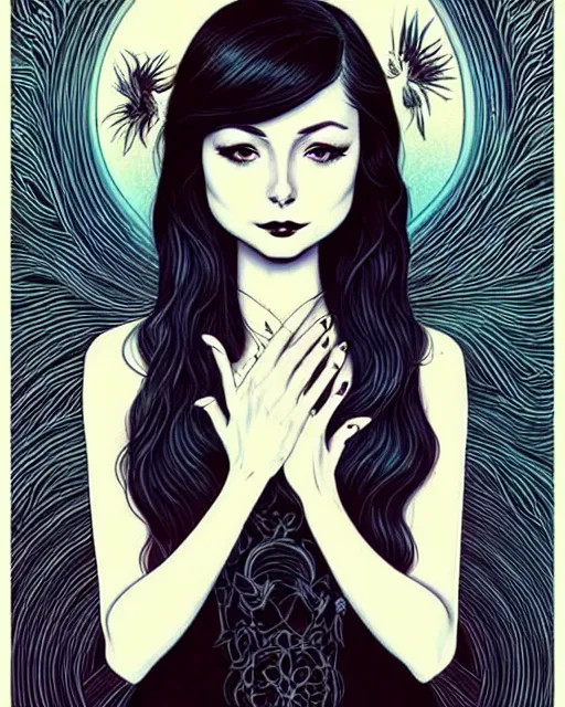 Prompt: style of audrey kawasaki, artgerm : : gorgeous willa holland : : evil witch, swirling black magic, black dress : : symmetrical face, symmetrical eyes : : full body pose : : gorgeous black hair : : magic lighting, low spacial lighting : :