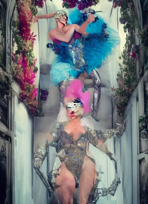 Image similar to lady gaga styled by david lachapelle posing in an expensive mansion setting , vogue magazine, Highly realistic. High resolution. Highly detailed. Dramatic. 8k.4k.