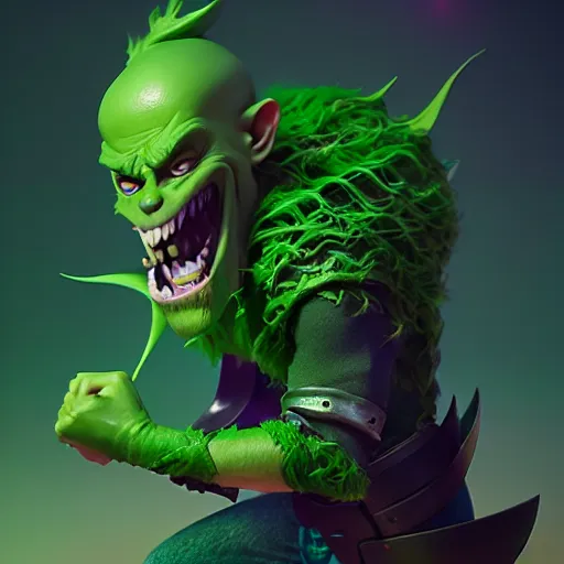 Image similar to clash royale green goblin, by tom bagshaw and ilya kuvshinov, rtx rendering, octane render 1 2 8 k, maya, extreme high intricate details by wlop, digital anime art by ross tran, medium shot, composition by sana takeda, dramatic lighting by greg rutkowski