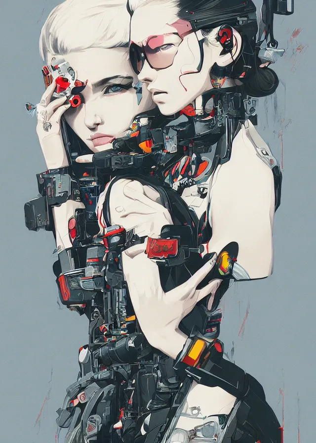 Image similar to highly detailed, ilya kuvshinov, rutkowski, simon roy, james jean, mcbess, portrait illustration of a cyberpunk military woman, colorful, cinematic composition, ray tracing, hyperrealism, photorealistic