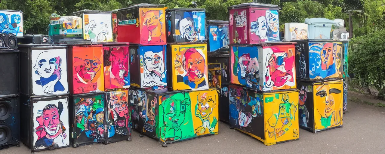 Prompt: a massive sound system with large speakers built into wheelie bins that are painted with ethnic faces.