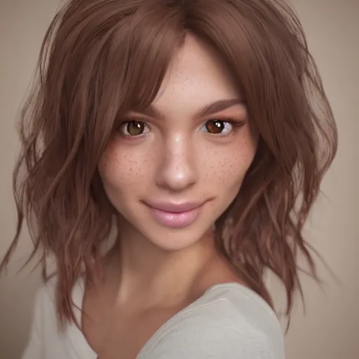 Image similar to Render of April, a cute 3D young woman, bronze brown hair, full round face, green eyes, light tan skin cute freckles, light blush, smiling softly, wearing casual clothing, interior lighting, cozy living room background, medium shot, mid-shot, hyperdetailed, trending on Artstation, Unreal Engine 4k