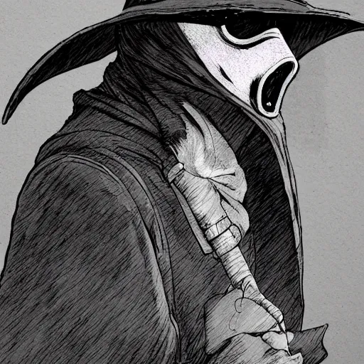 Prompt: a portrait of a plague doctor gunslinger, dark fantasy, horror, western, hell, ultrafine detailed digital pencil art by frank frazetta and vito acconci and and takeshi obata and mike mignola, death note style, colored, symmetric body, cgsociety, sharp focus, detailed face, looking at the camera