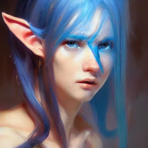 Prompt: beautiful elf girl, long flowing blue hair, golden eyes, beautiful features, portrait, painting by alphonse muca, greg ruthowski, craig mullins, ruan jia, wlop, very beautiful and detailed, artstation, high quality