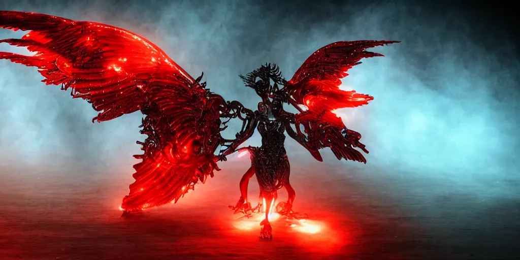 Prompt: pair of red mechanical demon wings, steampunk style, highly detailed, red houdini particle effects, glow, black background