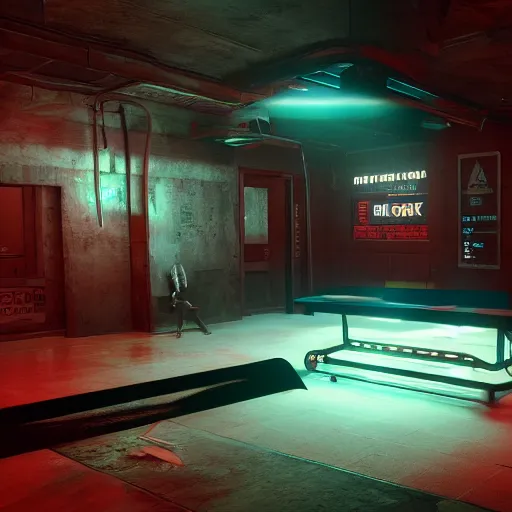 Prompt: ripper doc surgery table. underground. lowlight. diffuse ambience. darkness Cyberpunk 2077. CP2077. 3840 x 2160