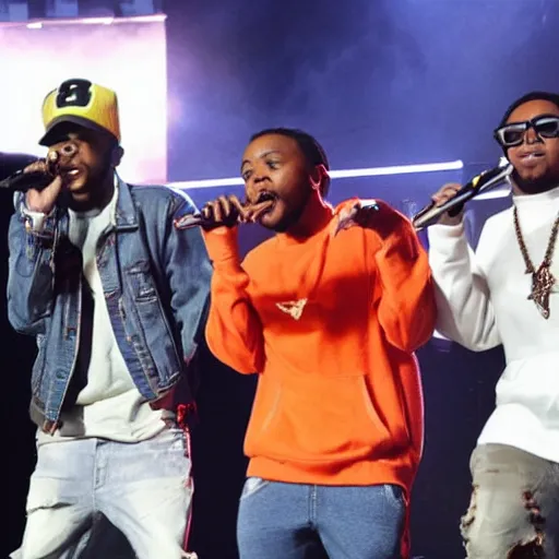 Image similar to kendrick lamar brings alvin and the chipmunks on stage to rap with him