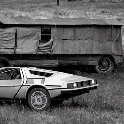 Image similar to a monochromatic sepia photograph of a delorean in a line of covered wagons,