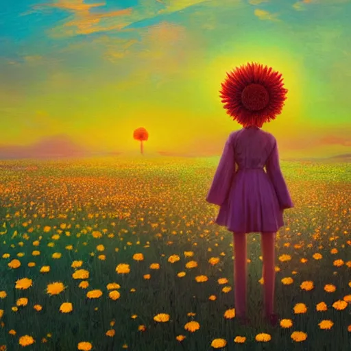 Image similar to giant daisy flower as head, girl standing in a flower field, surreal photography, sunrise, dramatic light, impressionist painting, colorful clouds, digital painting, artstation, simon stalenhag