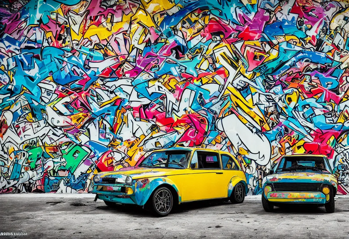 Image similar to yugo car against concrete wall as pop art, matte painting, hyperdetailed, street style, graffiti, illustration, coherent, art nouveau, beautiful render, concept art