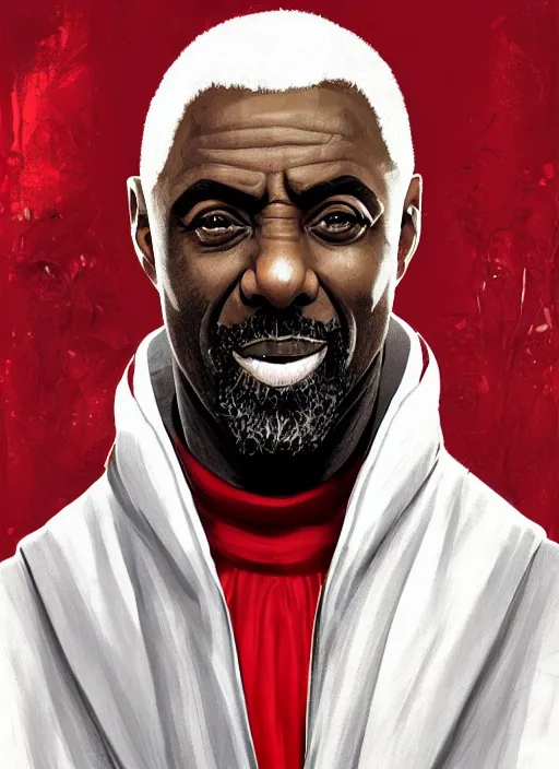 Prompt: a highly detailed illustration of idris elba as a sadistic white haired priest wearing red and white robe, dramatic smiling wielding blade of blood pose, gothic church background, intricate, elegant, highly detailed, centered, digital painting, artstation, concept art, smooth, sharp focus, league of legends concept art, wlop