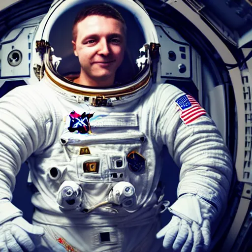 Image similar to astronaut in space wearing a spacesuit floating outside space station, highly detailed, photorealistic portrait, bright studio setting, studio lighting, crisp quality and light reflections, unreal engine 5 quality render