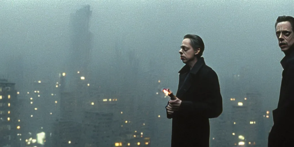 Image similar to beautiful cinematic film still of steve buscemi smoking a cigarette on a building top overlooking the rainy city in blade runner, 4 k