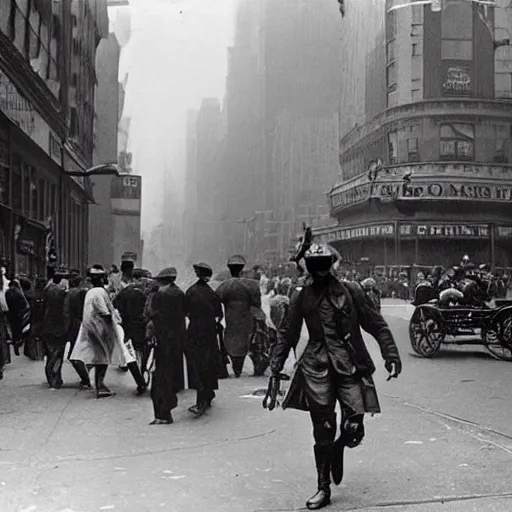 Image similar to old black and white photo, 1 9 1 3, depicting dieselpunk combat cyborg walking through the bustling streets of new york city, historical record