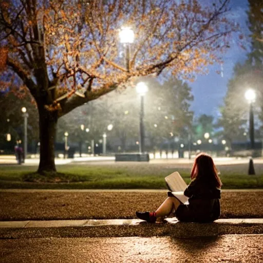 Image similar to a girl reading a book, city park, street lighting, by Emmanuel Lubezki