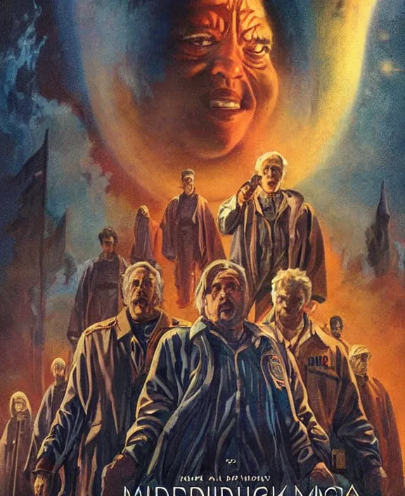 Prompt: illustration of a cinematic still from Netflix series Midnight Mass (2021), Les Edwards poster art, detailed