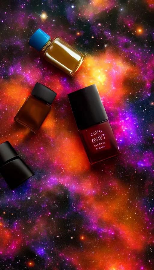 Prompt: a beautiful bottle of nail polish filled with small galaxy's and nebulas, insane, intricate, highly detailed, Zeiss Lens, smooth, sharp focus, Unreal Engine 5, Octane Render, Redshift, 8K