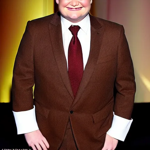 Image similar to Andy Richter is wearing a chocolate brown suit and necktie. He is waking up in his bed on a new bright morning, stretching his arms and his mouth is wide open with a yawn