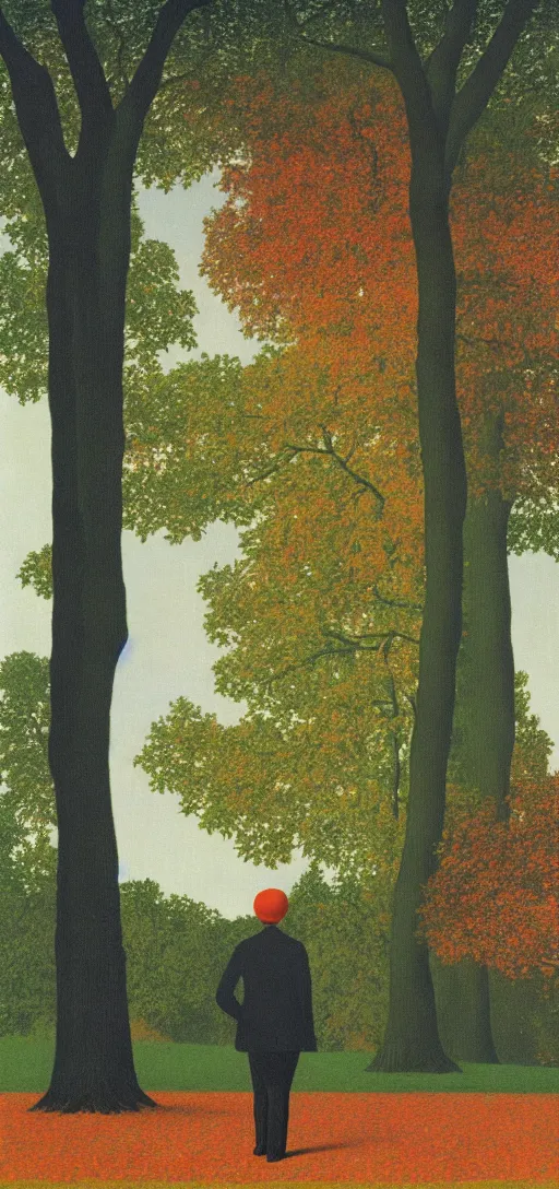 Prompt: Philosopher walking in the park on an Autumn day at sunset by Rene Magritte. Leaves falling. Shadows.