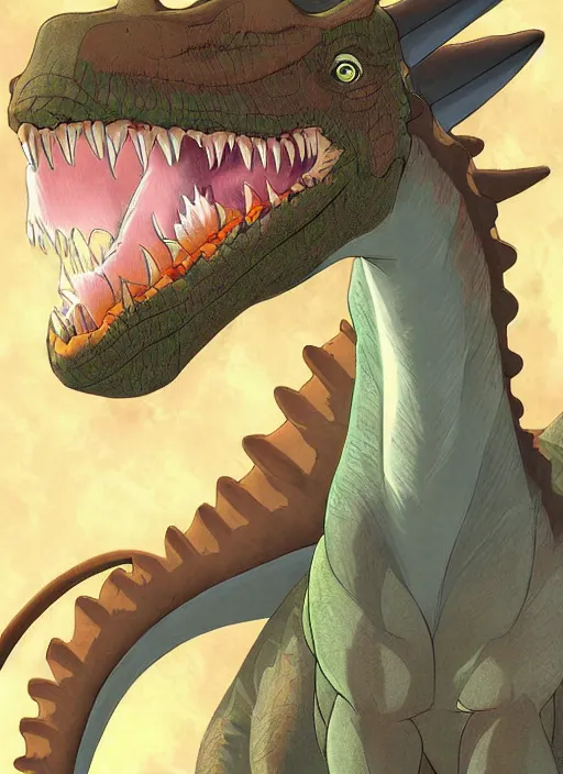 Image similar to official digital painting artwork of dinosaur character by don bluth, ross tran and studio ghibli.