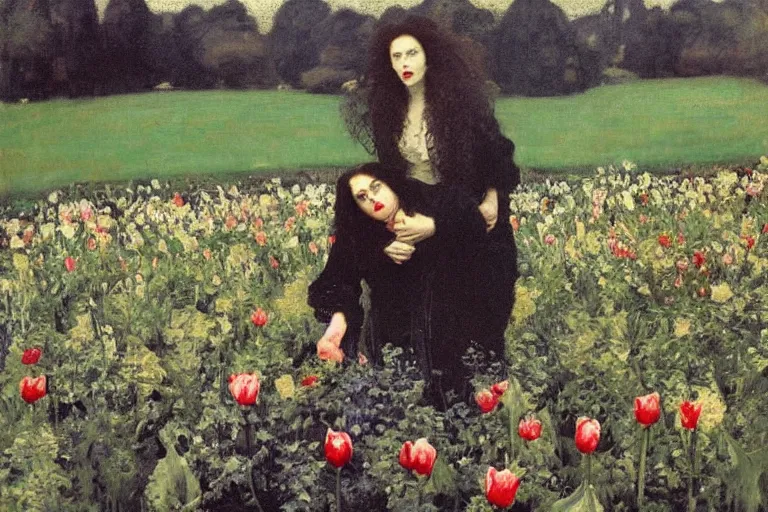 Prompt: hagrid and morticia addams kiss in a field of tulips, masterpiece, highly detailed, oil on canvas, art by walter sickert, john singer sargent, and william open