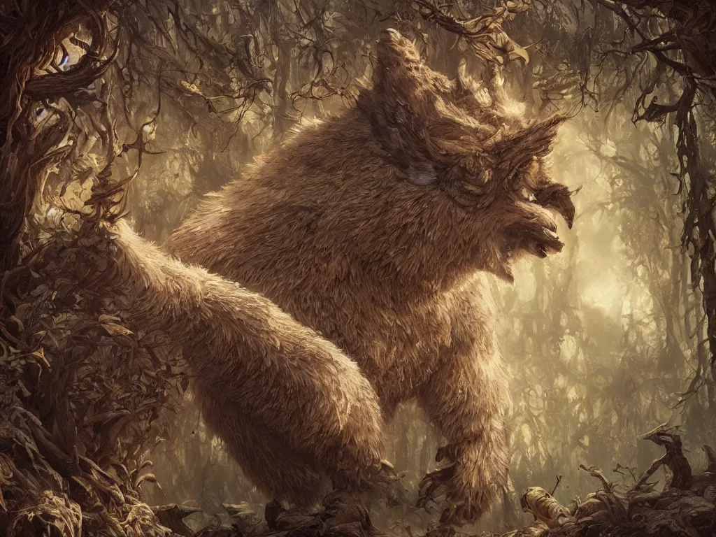 Prompt: owlbear, forest, intricate, beautiful, highly detailed, elegant, artstation, concept art, smooth and sharp focus, rpg artwork, illustration, painting, gaston bussiere, art adams, craig mullins, j. c. leyendecker, rene maritte, tian zi, wlop, alsphonse mucha, artgerm