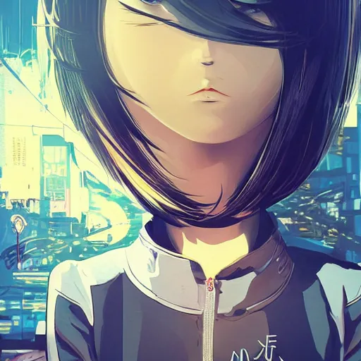 Image similar to Frequency indie album cover, luxury advertisement, yellow filter. Clean and detailed post-cyberpunk sci-fi close-up schoolgirl in asian city in style of cytus and deemo, blue flame, relaxing, calm and mysterious vibes, by Tsutomu Nihei, by Yoshitoshi ABe, by Ilya Kuvshinov, by Greg Tocchini, nier:automata, set in half-life 2, Matrix, GITS, Blade Runner, Neotokyo Source, Syndicate(2012), dynamic composition, beautiful with eerie vibes, very inspirational, very stylish, with gradients, surrealistic, dystopia, postapocalyptic vibes, depth of field, mist, rich cinematic atmosphere, perfect digital art, mystical journey in strange world, beautiful dramatic dark moody tones and studio lighting, shadows, bastion game, arthouse