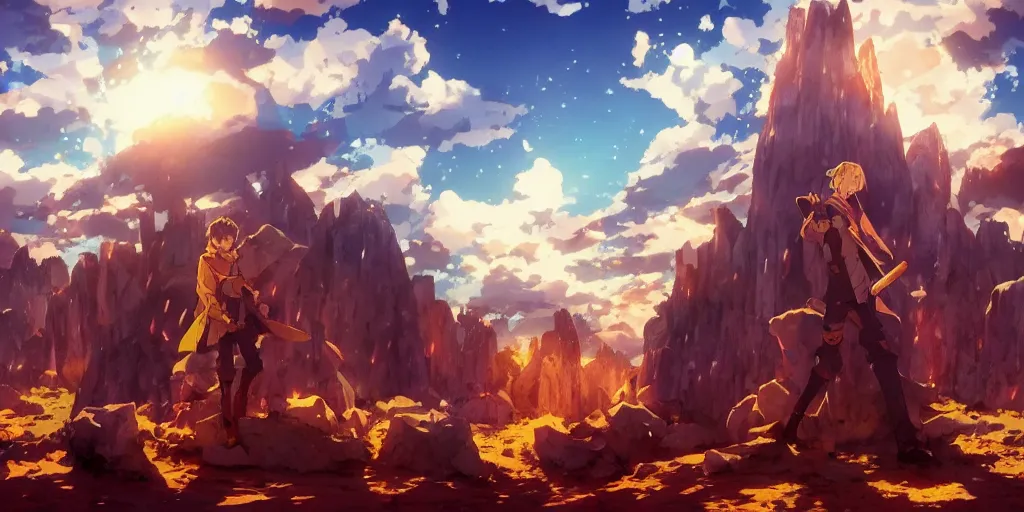 Image similar to isekai masterpiece anime man standing tree log looking up at giant crystals, high noon, cinematic, very warm colors, intense shadows, ominous clouds, anime illustration, anime screenshot composite background