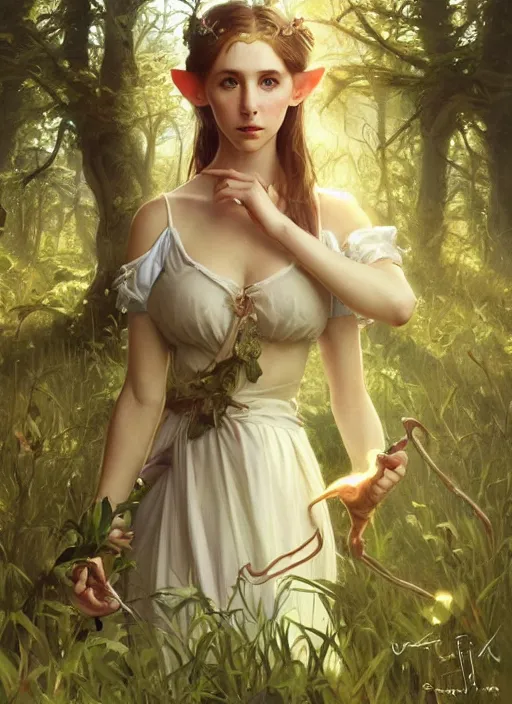 Prompt: A beautiful full portrait of a stunning young female elf on a beautiful lush forest meadow, afternoon, art by Artgerm and Greg Rutkowski and Alphonse Mucha, DAZ, hyperrealistic, ambient light, dynamic light, vray