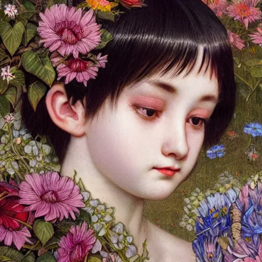 Image similar to white cat girl, botanical, portrait face, colorful, frantisek kupka, intricate, miles johnston, kuroda seiki, cynical realism, ozabu, john william godward, painterly, yoshitaka amano, moebius, miles johnston, louise zhang, james jean, mark ryden lowbrow pop surrealism art style