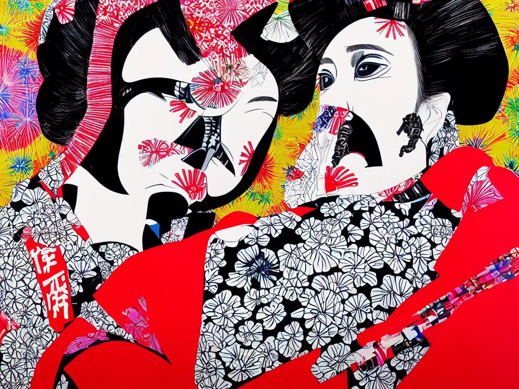 Image similar to hyperrealism composition of the detailed woman in a japanese kimono sitting at an extremely detailed poker table with darth vader, fireworks on the background, pop - art style, jacky tsai style, andy warhol style, acrylic on canvas