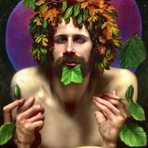 Prompt: psychedelic portrait of ecstatic god dionysus with leaves and grape in his hair, tom of finland, bouguereau, hyperrealistic, tom of finland, bouguereau, oil painting