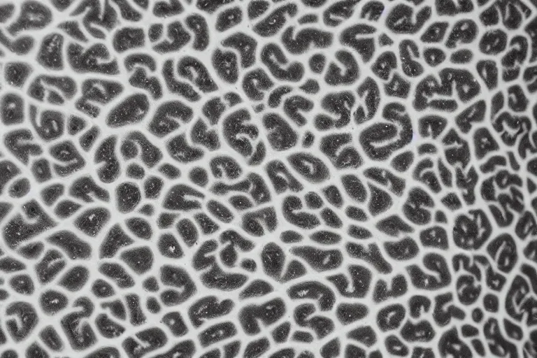 Prompt: medical detail of brain tissue, white matter, grey matter, spongiform pattern with holes scattered throughout, vivid, sharp, macro detail, 4k high def, oil on canvas