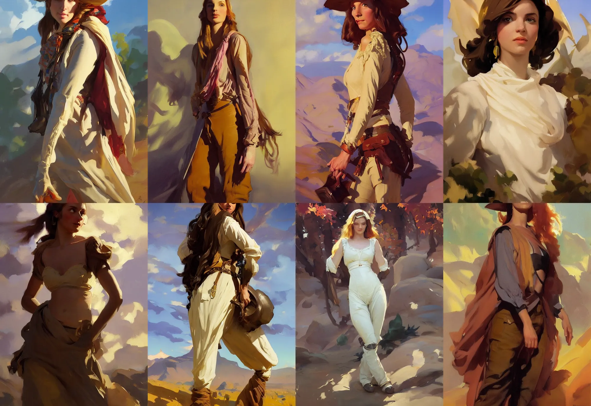 Prompt: full figure portrait of hippie model girl jodhpurs hyperborea autumn traveler treasure hunter greg manchess painting by sargent and leyendecker, fantasy, medium shot, asymmetrical, intricate, elegant, matte painting, illustration, hearthstone, by rhads, by greg rutkowski, by greg tocchini, by james gilleard, by joe fenton