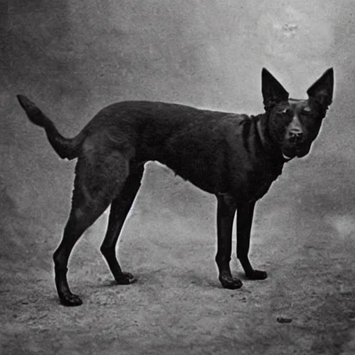 Prompt: an early 1 9 0 0 s photograph of a black dog marked by an extraterrestrial sigil, moonlight, nighttime,