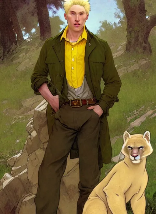 Prompt: beautiful commission of a male Furry Anthro albino mountain lion Fursona wearing a yellow button-down shirt, olive green slacks in a old-timey western town. Atmospheric. Renowned character illustration by greg rutkowski, thomas kindkade, alphonse mucha, loish, norman rockwell. detailed, inked, western comic book art