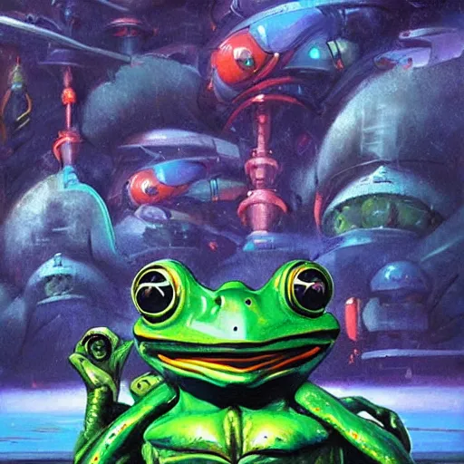 Image similar to a large anthropomorphic frog shaped mecha by paul lehr and moebius